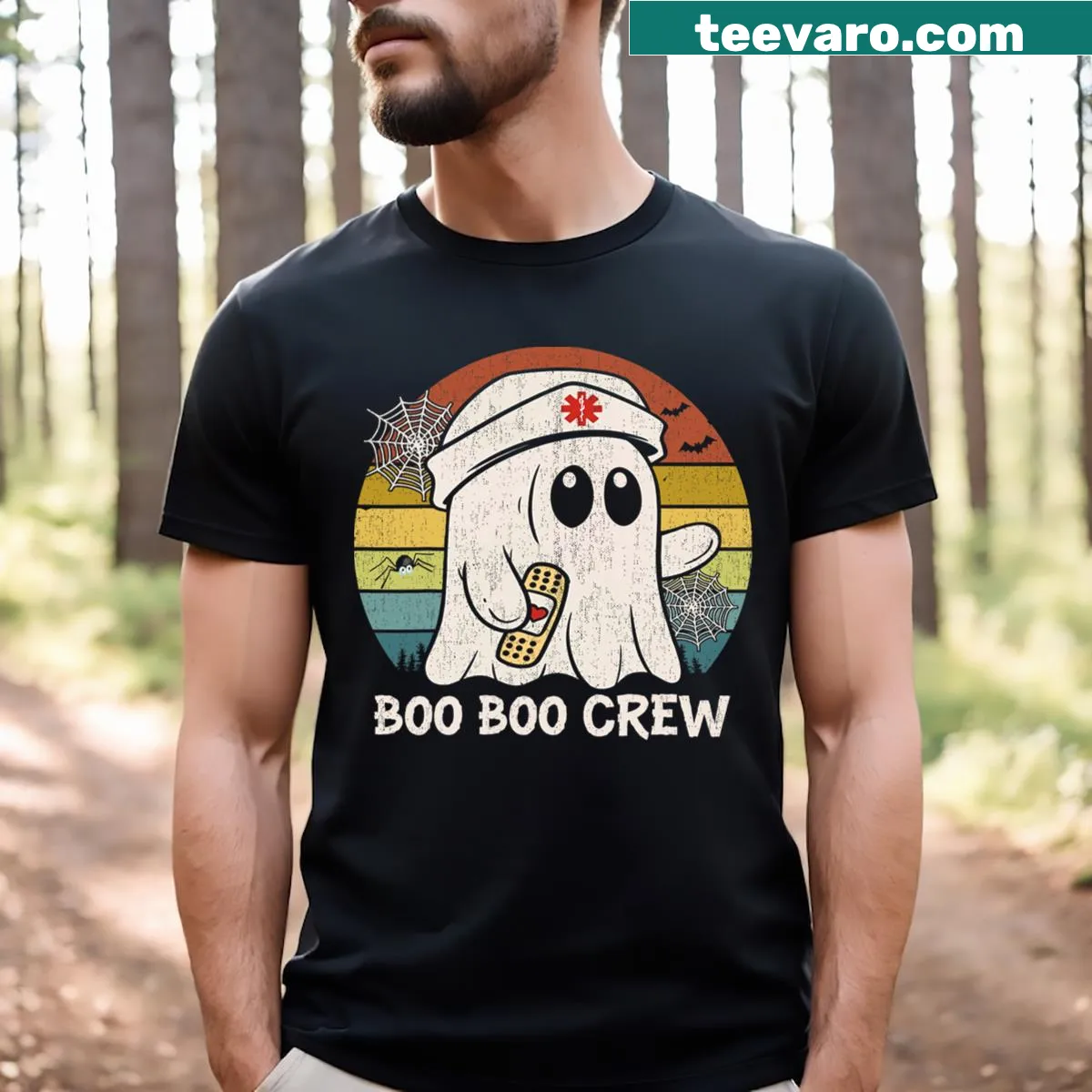 Funny Halloween Nurse T-shirt with ghost graphic and Boo Boo Crew text — on a men's t-shirt