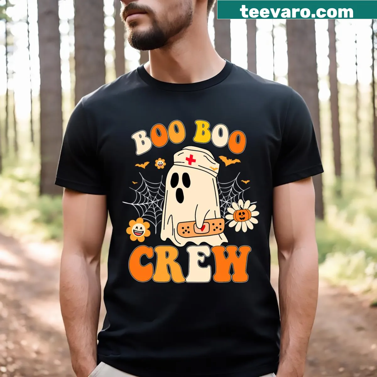 Boo Crew Halloween t-shirt for male nurses featuring playful graphics — on a men's t-shirt