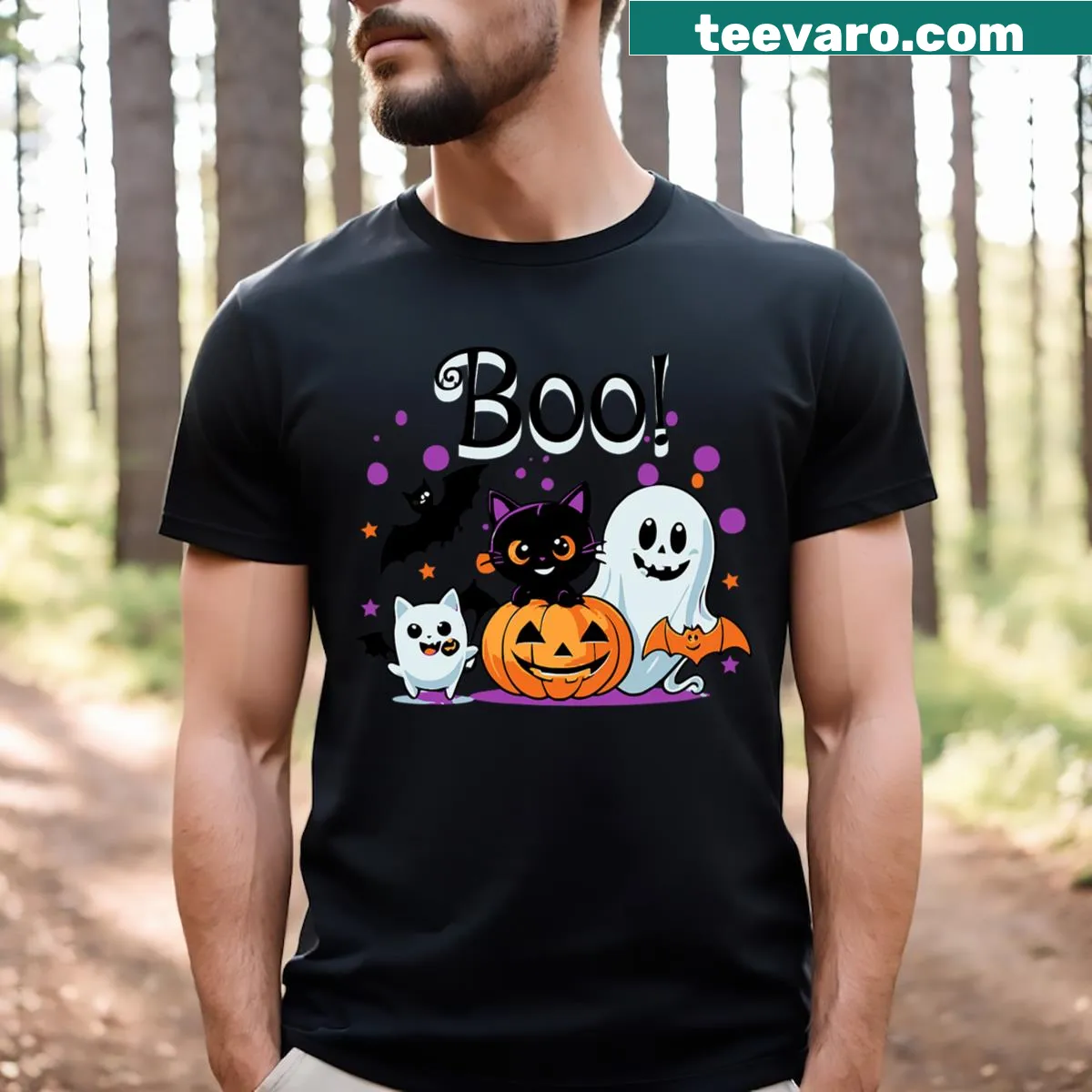 Halloween-themed T-shirt with ghost, pumpkin, and bats graphic — on a men's t-shirt
