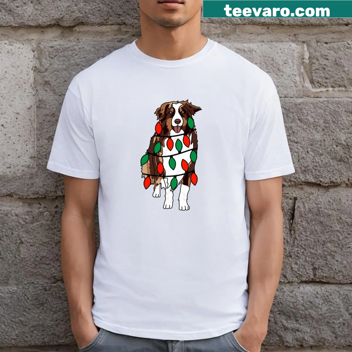 Cute Border Collie with Christmas lights graphic — on a men's t-shirt