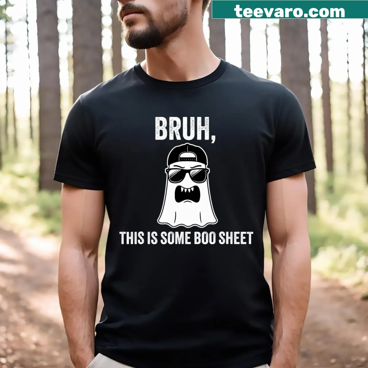 Funny Halloween t-shirt with ghost-themed pun — on a men's t-shirt