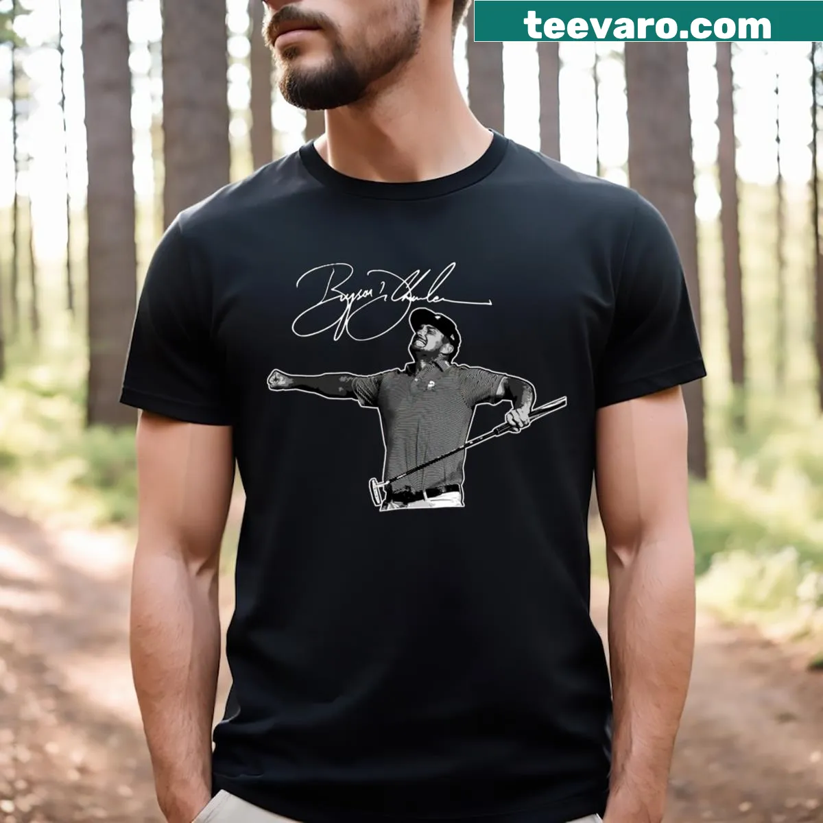 Minimalist Us Open poster t-shirt featuring Bryson Dechambeau — on a men's t-shirt