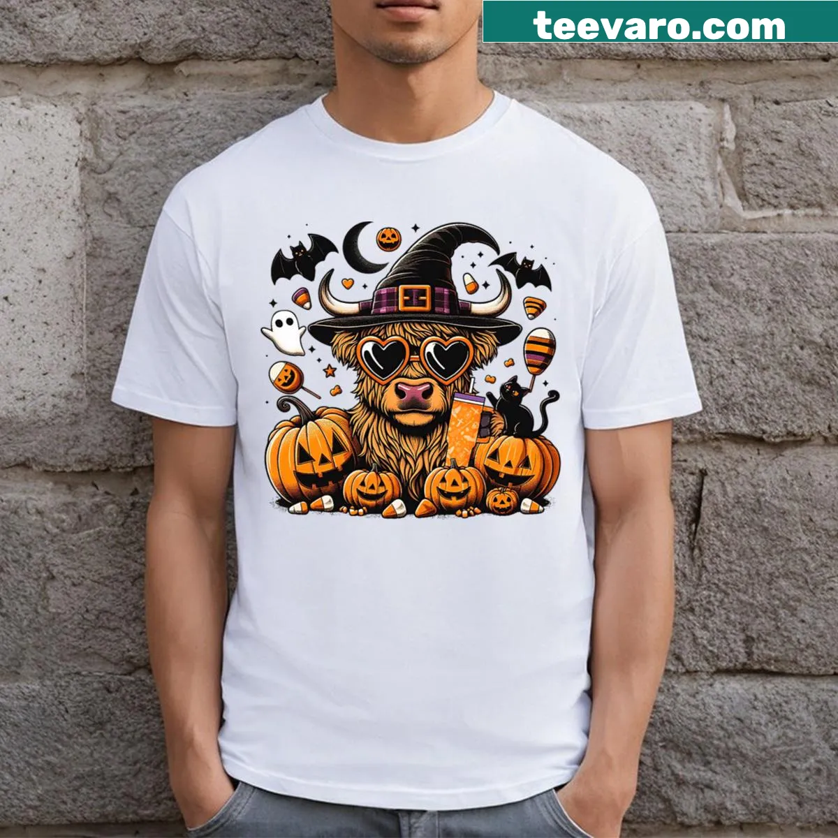 Playful cat dressed as a highland cow graphic on t-shirt — on a men's t-shirt