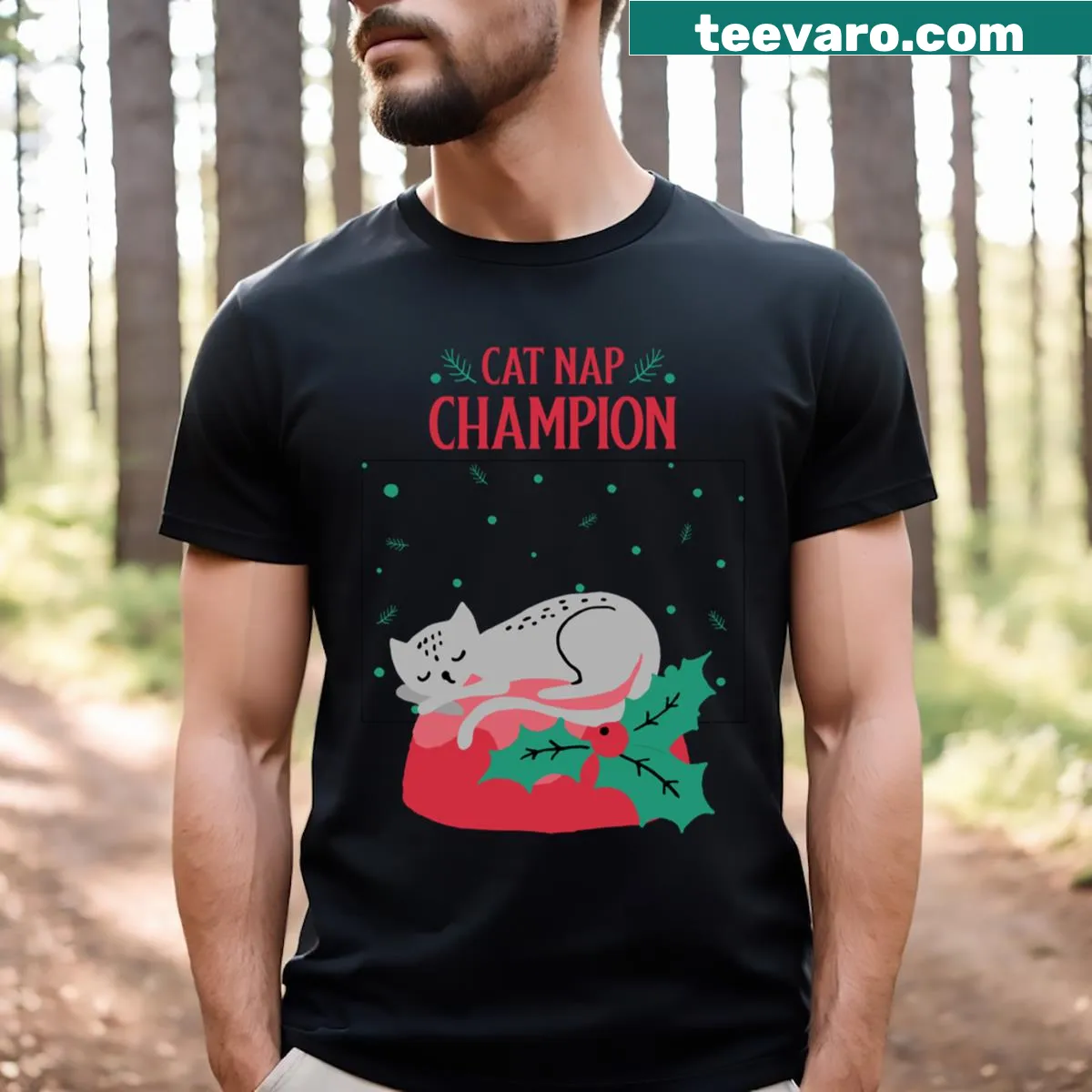 Funny Cat Nap Champion T-shirt with playful typography — on a men's t-shirt