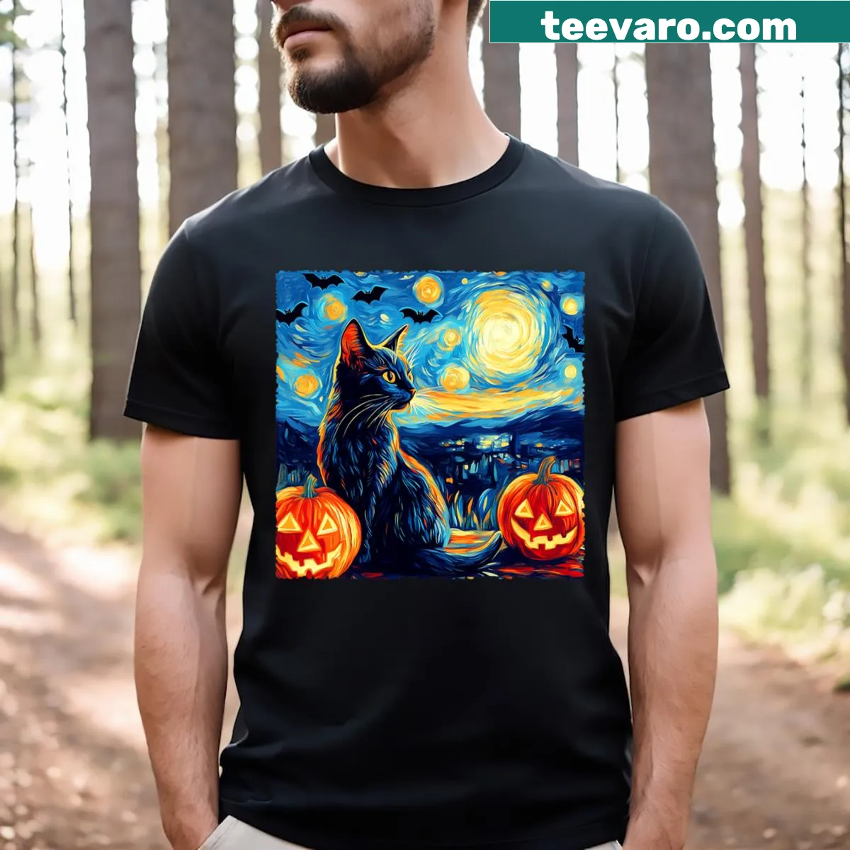 Cat Halloween t-shirt with Starry Night design and pumpkins — on a men's t-shirt