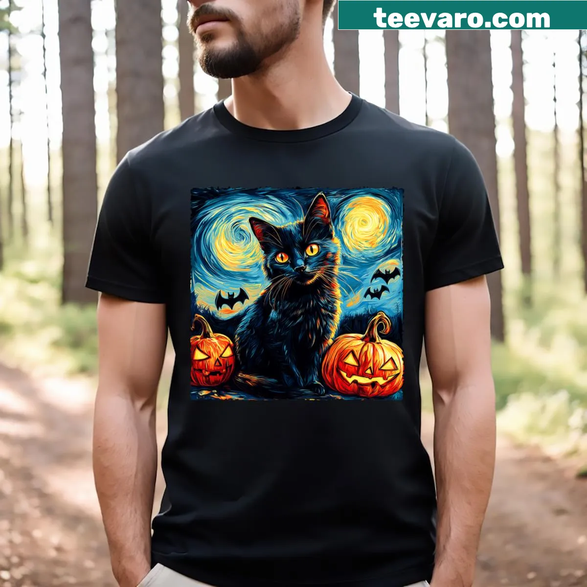 Van Gogh-inspired Halloween cat t-shirt featuring pumpkins and bats. — on a men's t-shirt