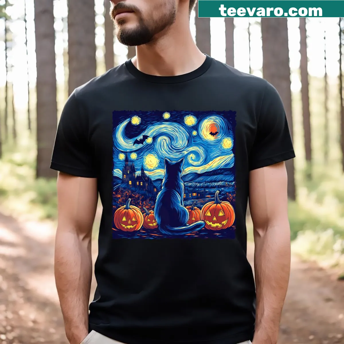T-shirt featuring a cat in a Van Gogh-inspired starry night design with bats and pumpkins — on a men's t-shirt