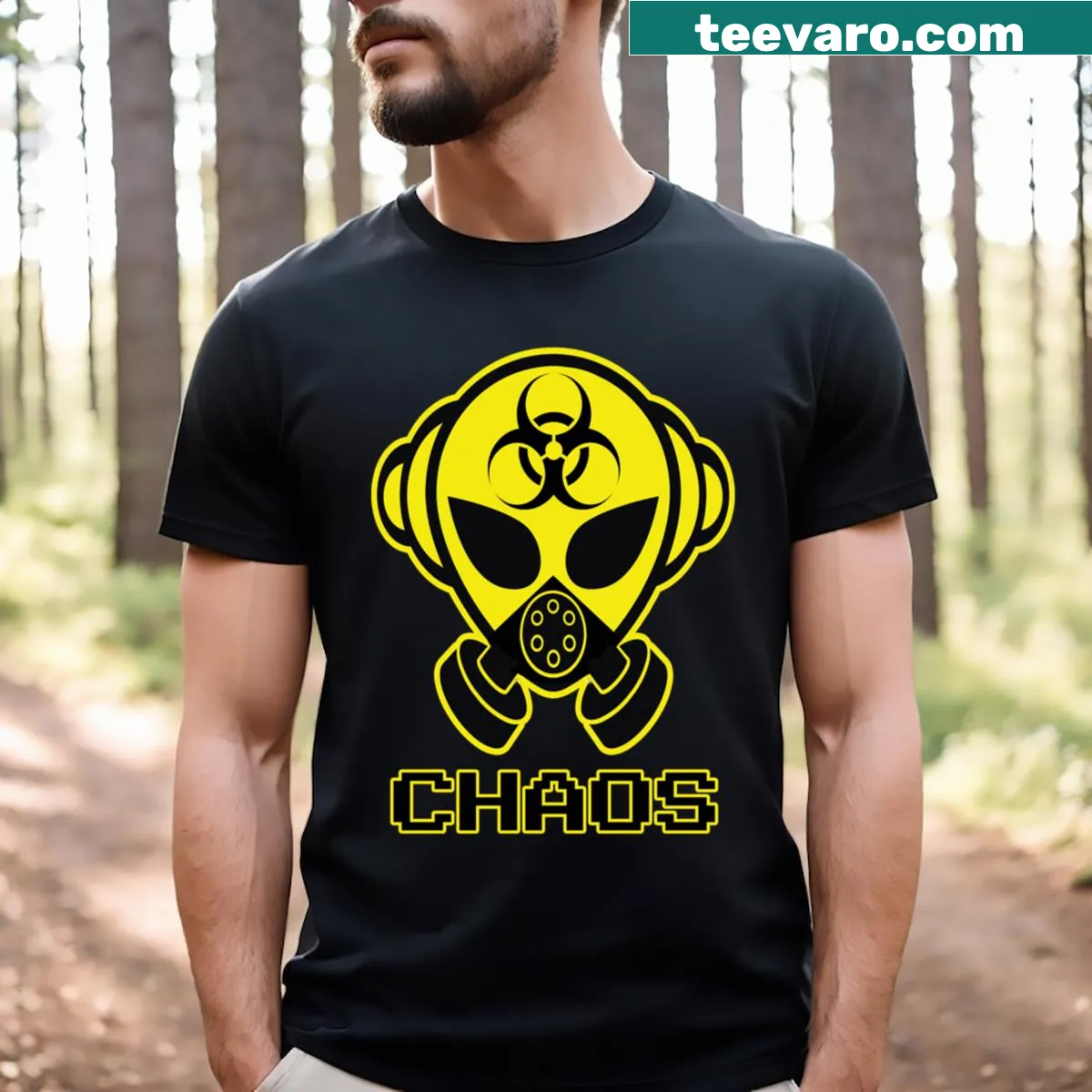 Chaos T-shirt with a humorous message in stylish typography — on a men's t-shirt