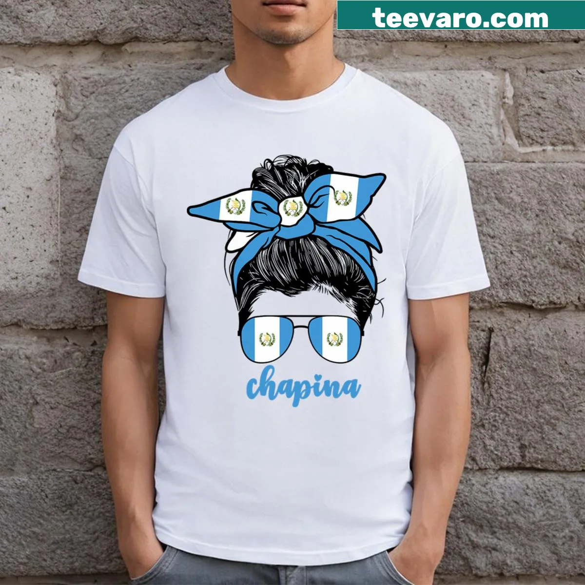 T-shirt featuring a girl with the Guatemalan flag for women — on a men's t-shirt