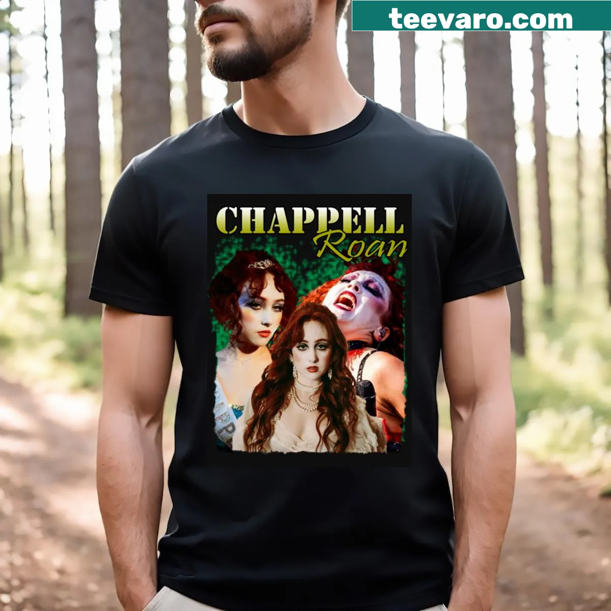 Minimalist typography t-shirt labeled 'Chappell Roan Vol1 Essential.' — on a men's t-shirt