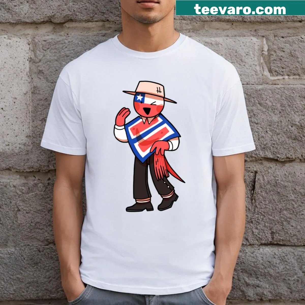 Illustrative design celebrating Chile's culture and landscapes on a t-shirt. — on a men's t-shirt