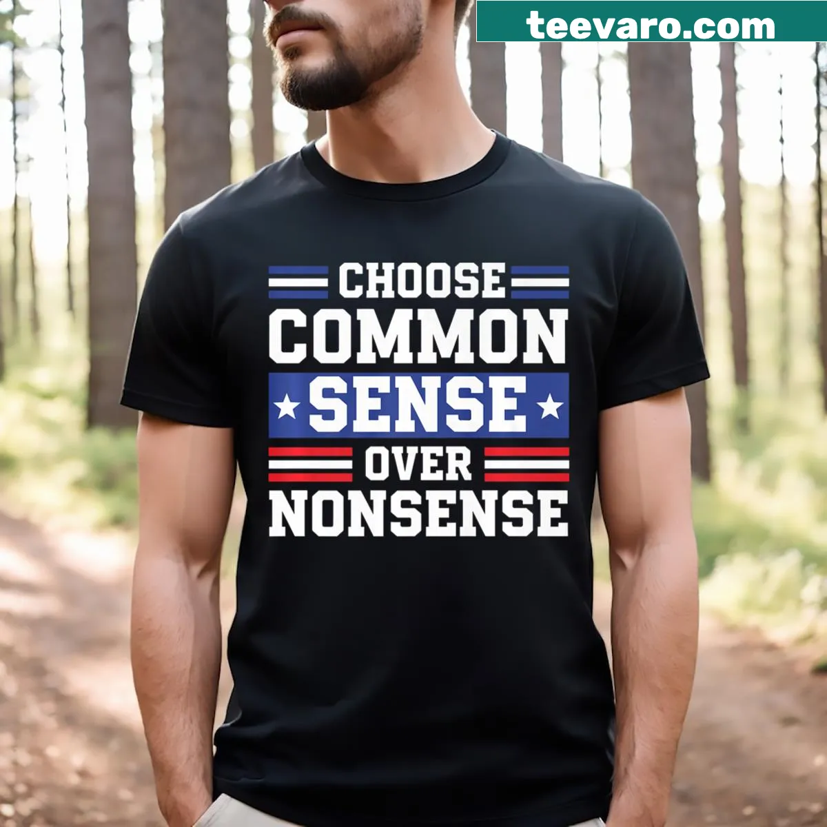 Text shirt featuring the phrase 'Choose Common Sense Over Nonsense' — on a men's t-shirt