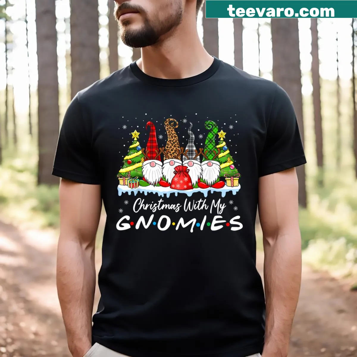 T-shirt featuring gnomes with 'Christmas With My Gnomies' text — on a men's t-shirt
