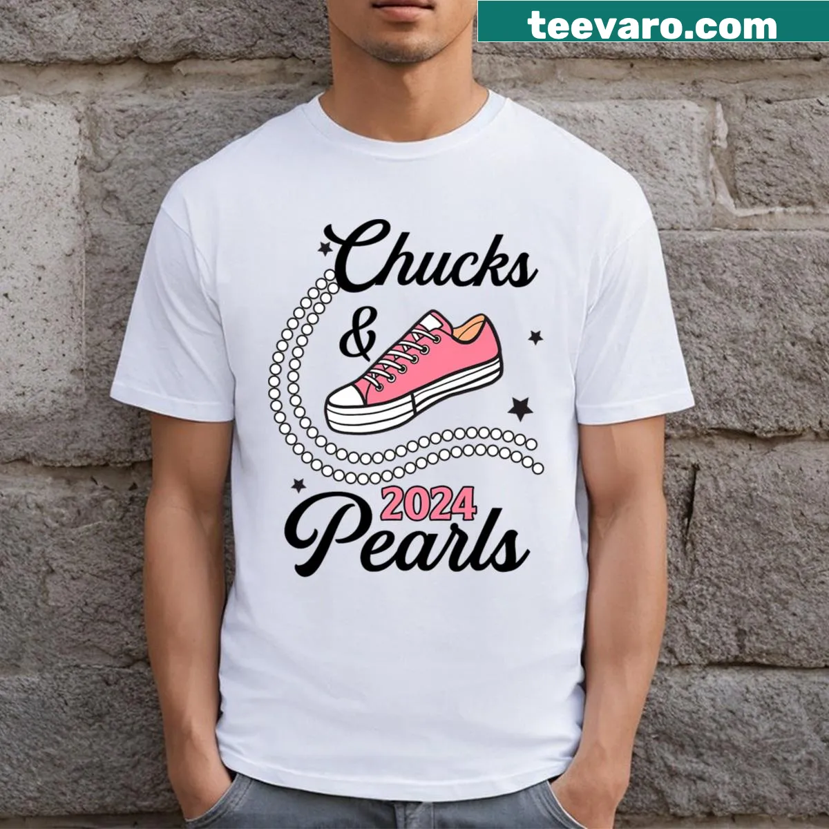 Cute T-shirt with 'Chucks And Pearls 2024' text — on a men's t-shirt