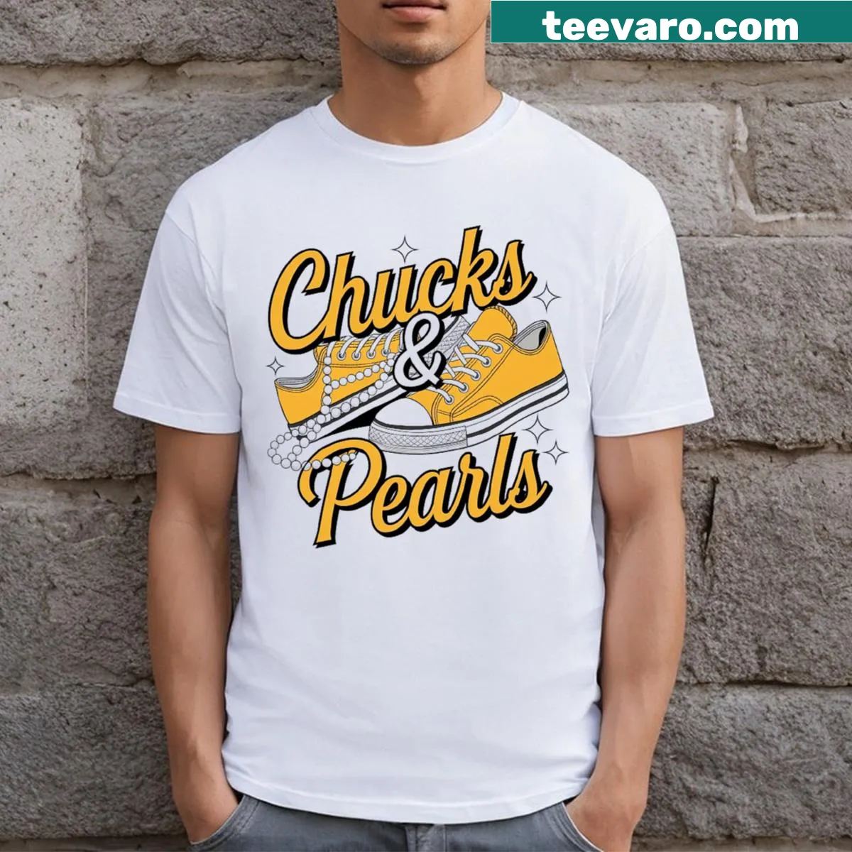 Charming T-shirt with chucks and pearls graphic — on a men's t-shirt