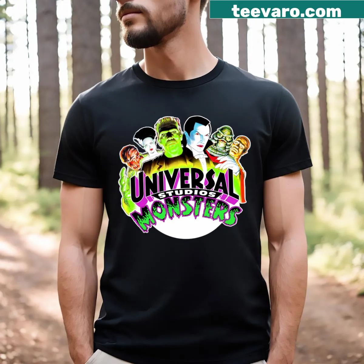 Cartoon-style graphic of classic monsters for Halloween on a t-shirt. — on a men's t-shirt