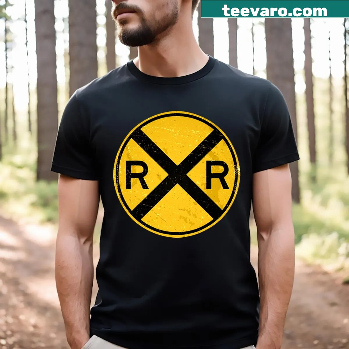 Nostalgic train crossing illustration on a t-shirt for train lovers — on a men's t-shirt