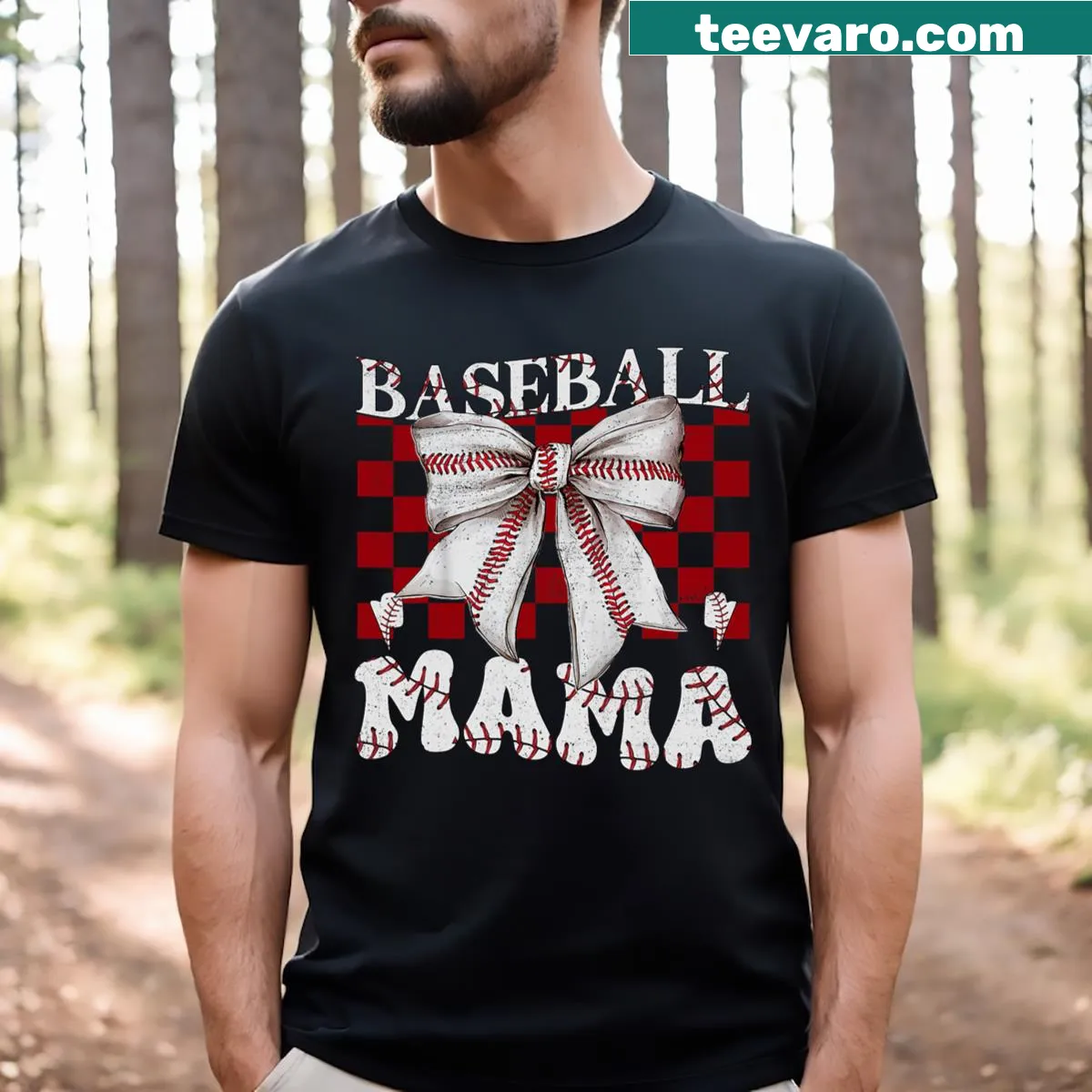 Baseball mom t-shirt with coquette bows and playful typography. — on a men's t-shirt