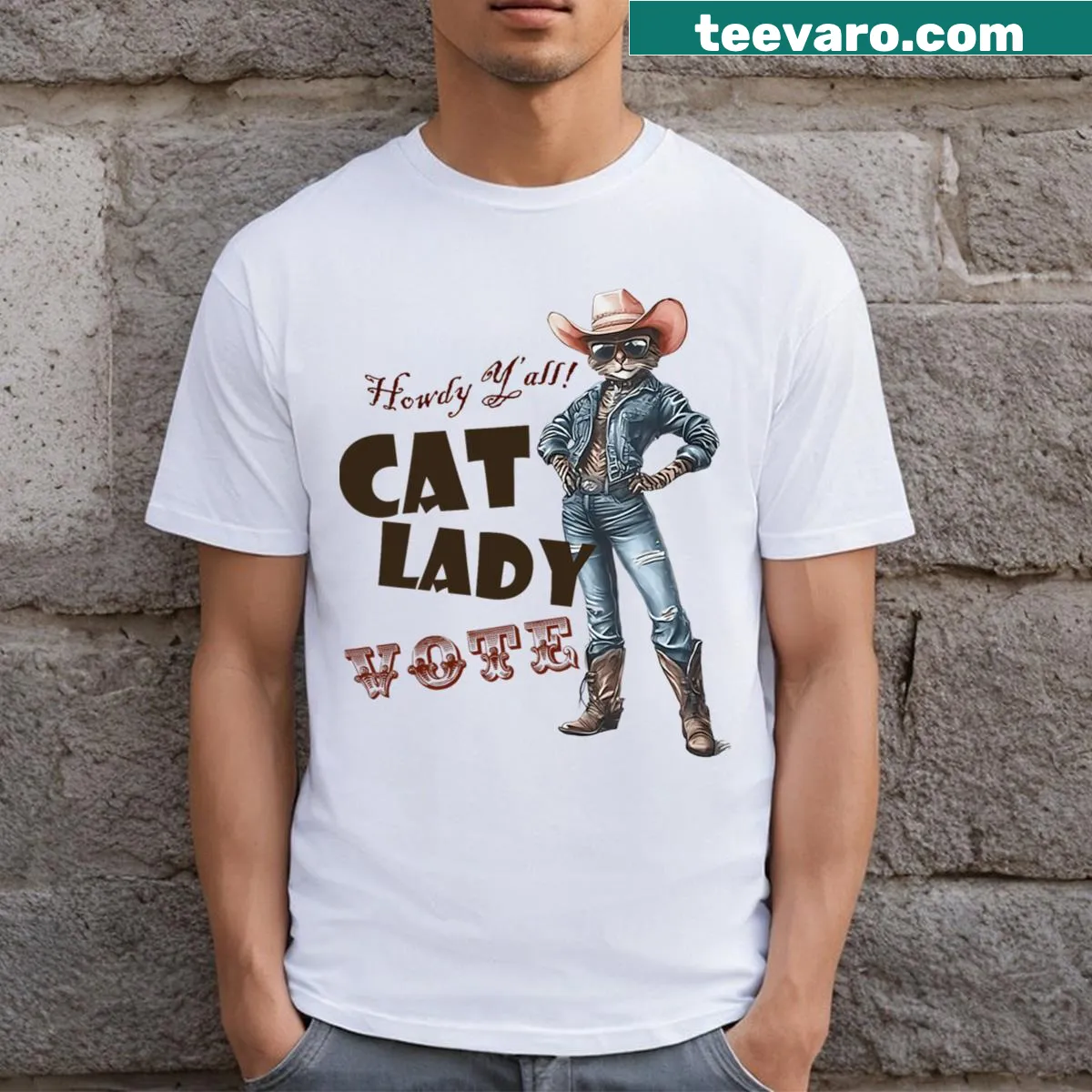 Playful cat lady graphic with voting theme on t-shirt — on a men's t-shirt