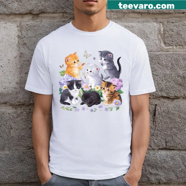 T-shirt featuring a cute cat illustration with flowers