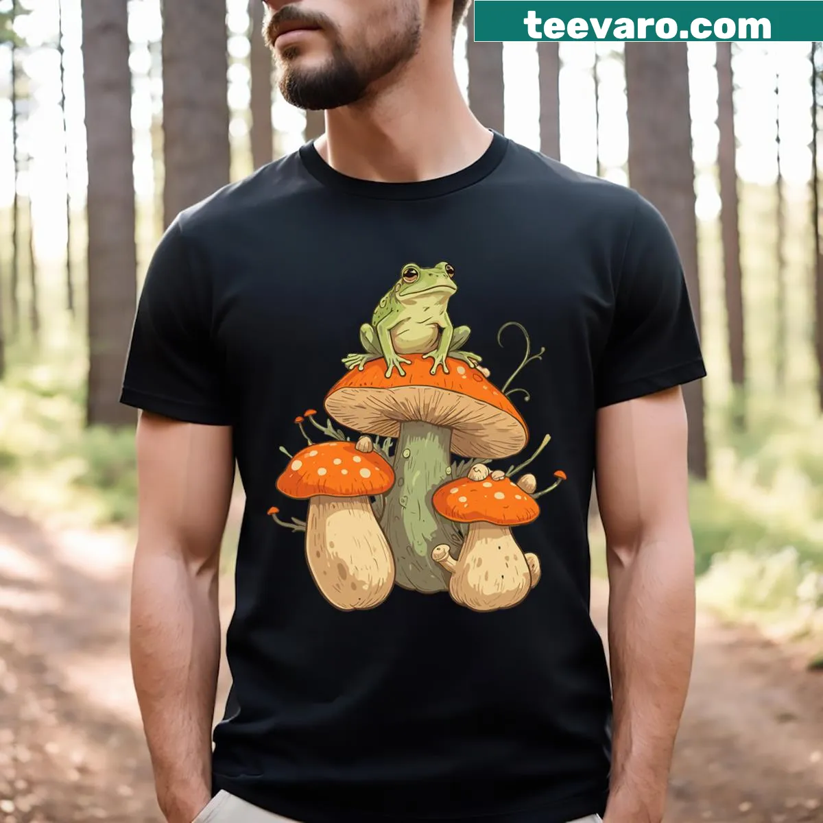 Illustrated cottagecore design with frogs and mushrooms on a T-shirt — on a men's t-shirt