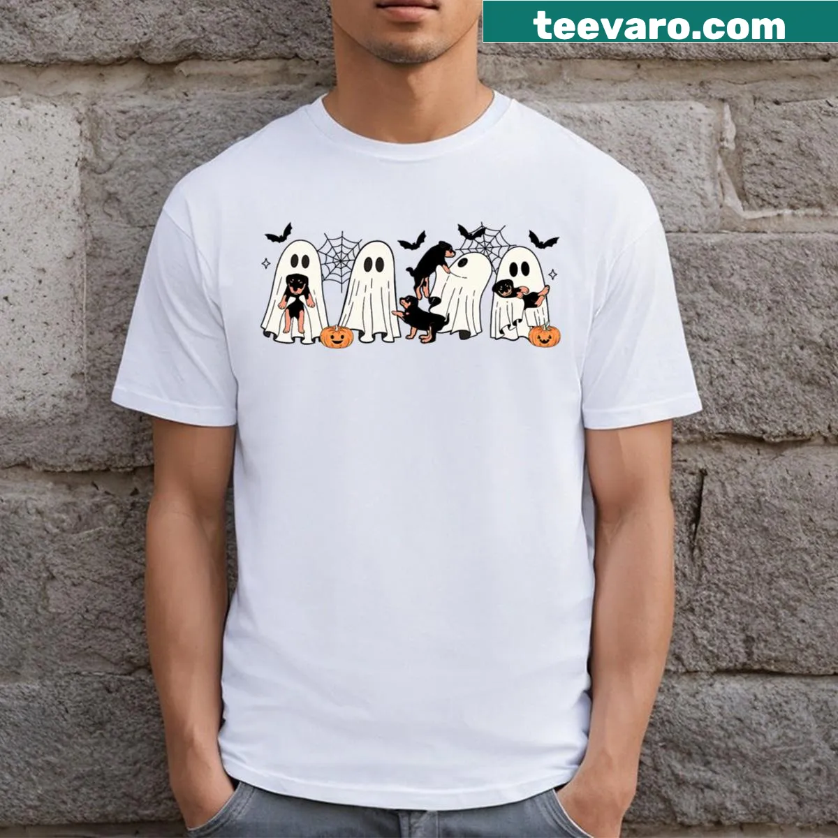 Halloween t-shirt with cartoon ghost dogs for dog lovers — on a men's t-shirt