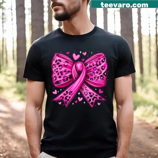 Leopard with pink bow design on breast cancer awareness T-shirt