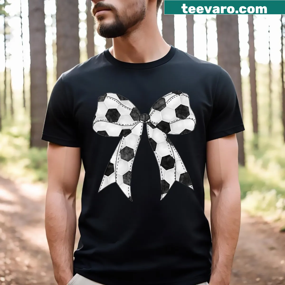 T-shirt featuring a soccer ball with a cute bow design — on a men's t-shirt