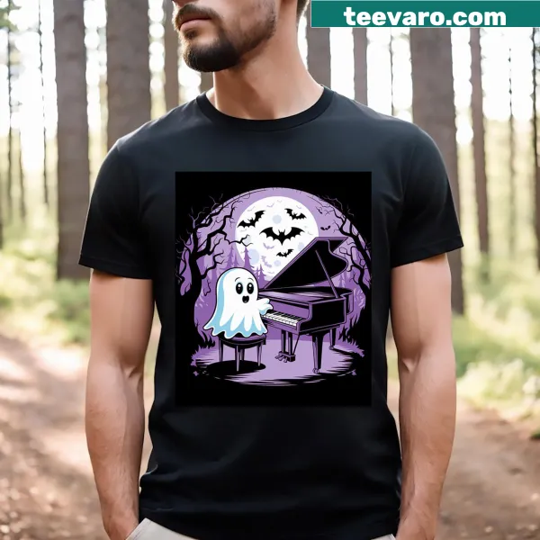 Cute ghost playing piano on a Halloween T-shirt