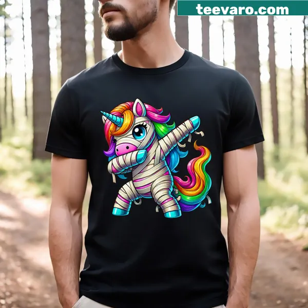 Cartoon dabbing unicorn on a Halloween T-shirt for kids