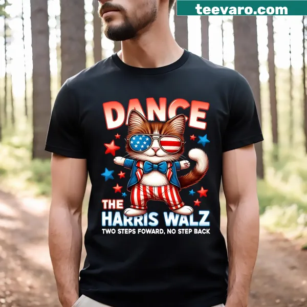 Funny t-shirt with text 'Dance The Harris Walz' for cat lovers
