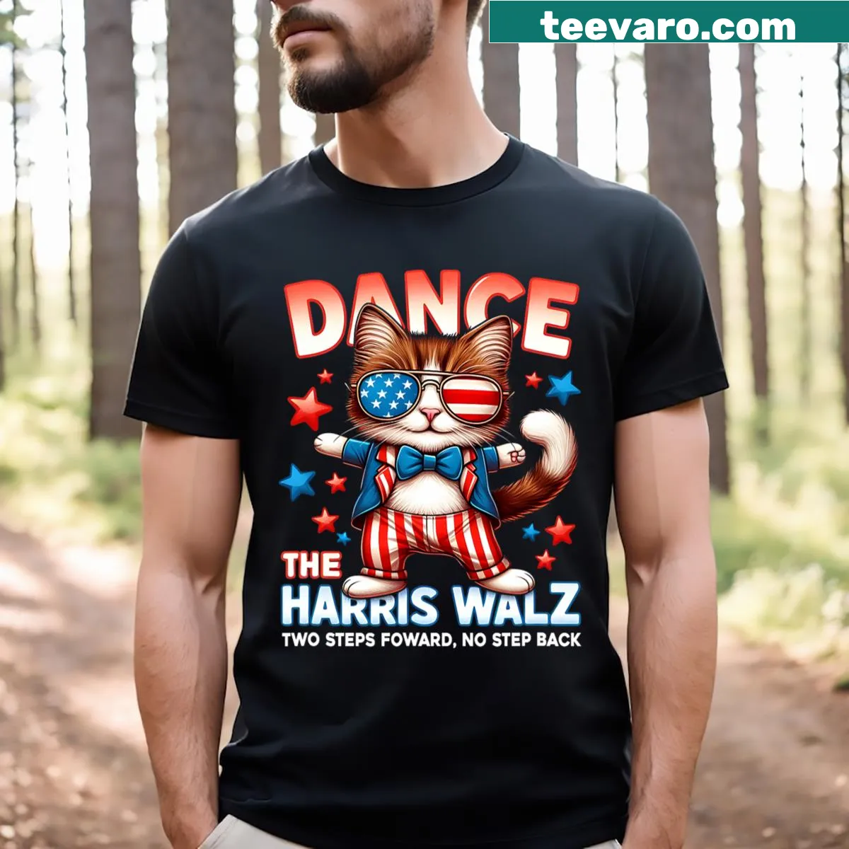 Funny t-shirt with text 'Dance The Harris Walz' for cat lovers — on a men's t-shirt