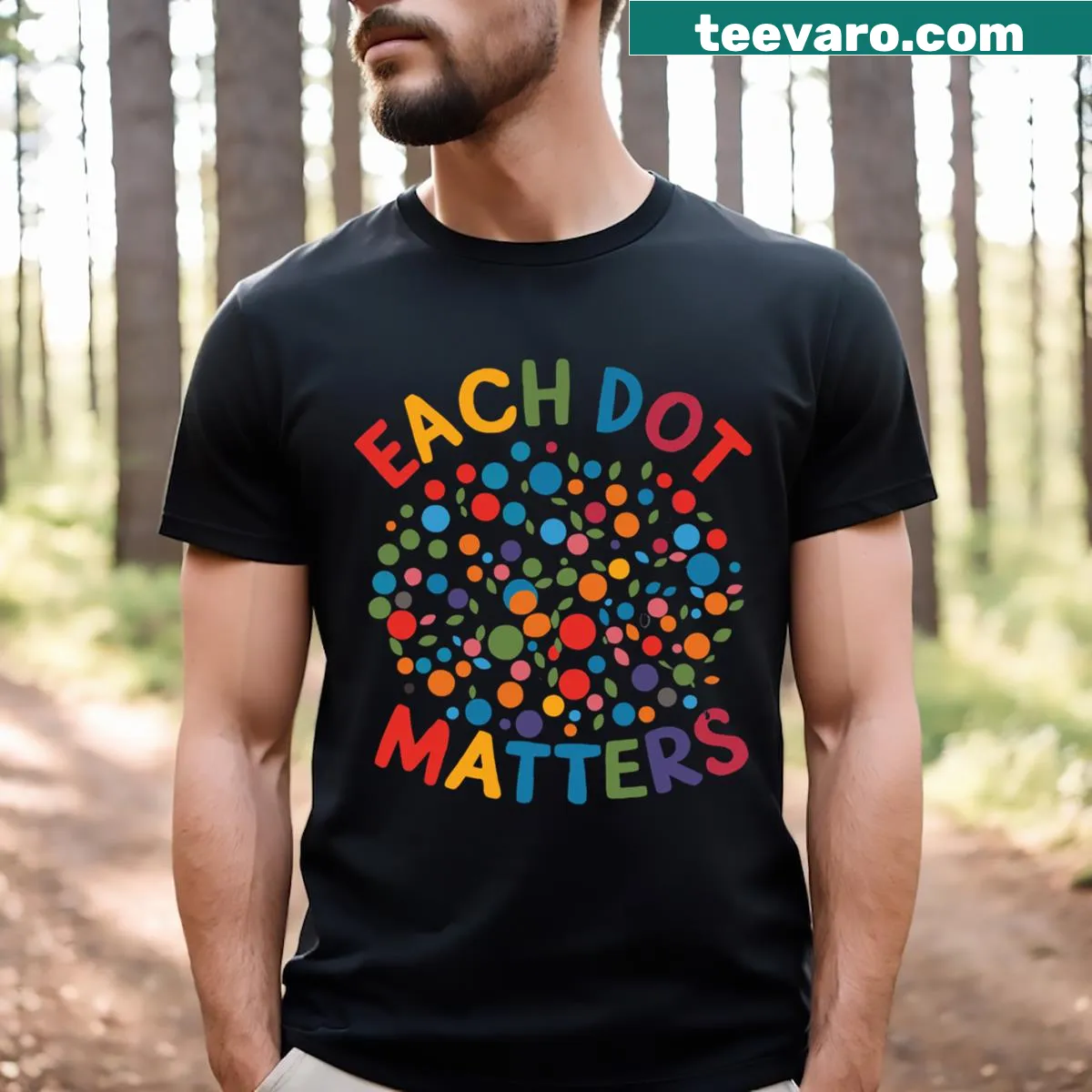 Typography t-shirt with the phrase Each Dot Matters displayed in dots — on a men's t-shirt