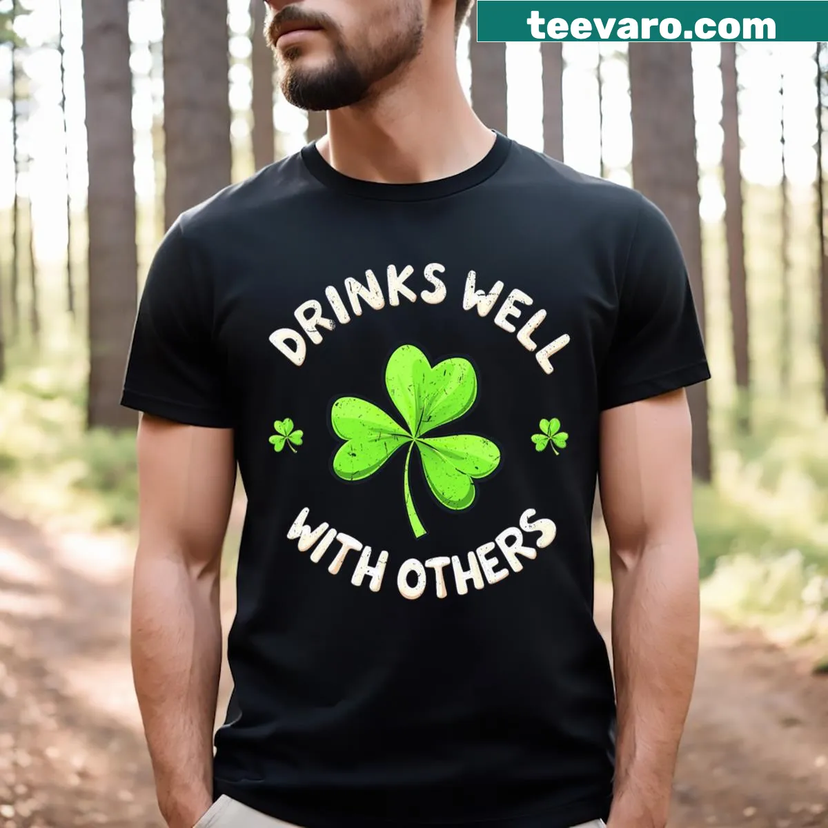 Funny beer-themed T-shirt with 'Drinks Well With Others' text for St. Patrick's Day — on a men's t-shirt