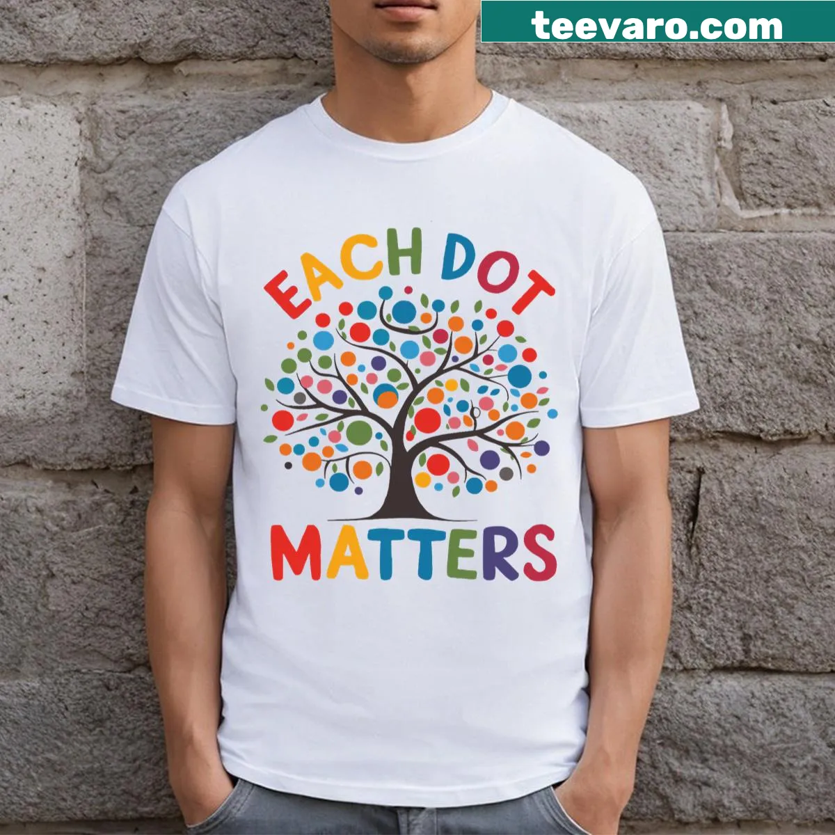 Illustration of a colorful dot tree symbolizing inspiration and positivity. — on a men's t-shirt