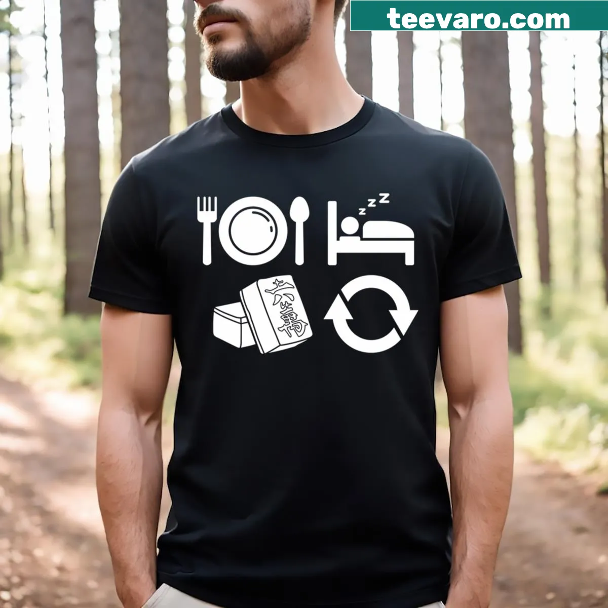 Playful Mahjong T-shirt with 'Eat Sleep Mahjong Repeat' slogan — on a men's t-shirt