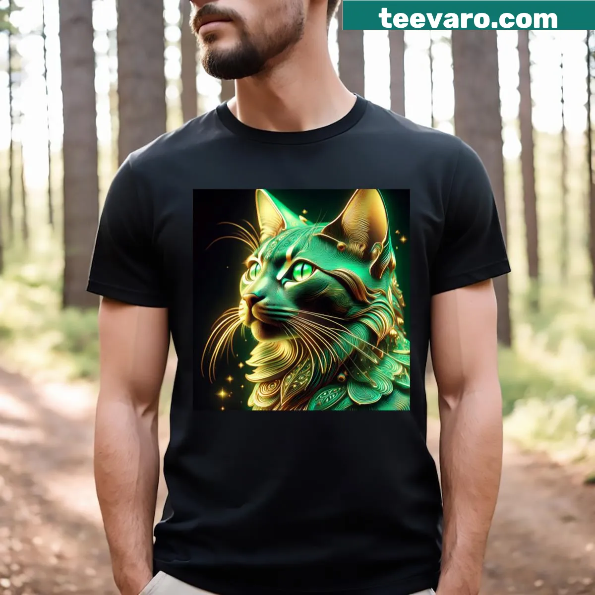Fantasy cat graphic t-shirt featuring whimsical design and neon highlights. — on a men's t-shirt