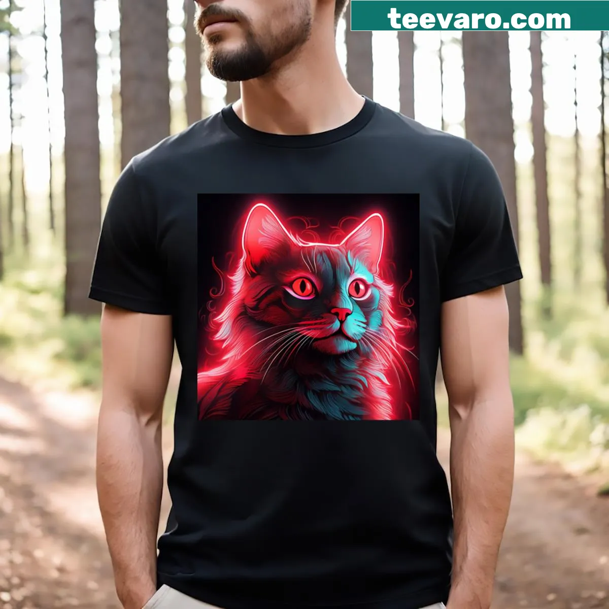 T-shirt with a whimsical fantasy pink neon cat graphic for imaginative souls. — on a men's t-shirt
