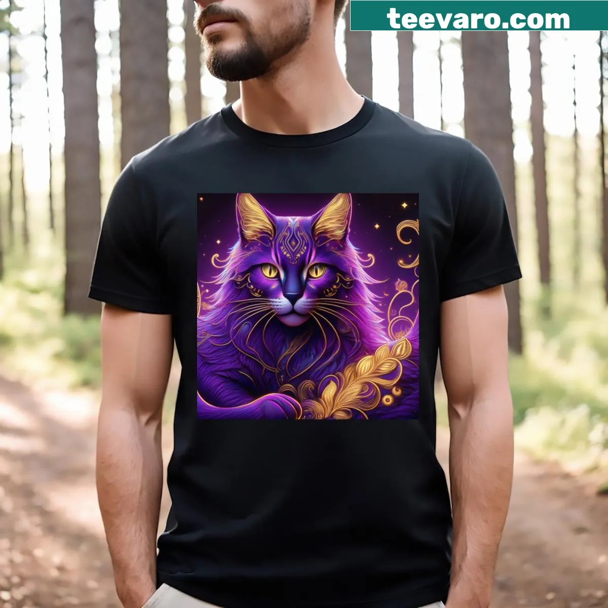 Illustration of a fantasy cat with neon and gold highlights — on a men's t-shirt