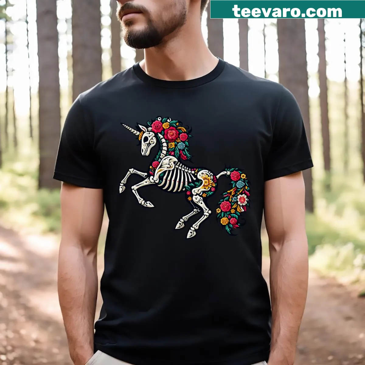 Floral Skeleton Unicorn t-shirt with skulls and flowers for Dia De Los Muertos — on a men's t-shirt