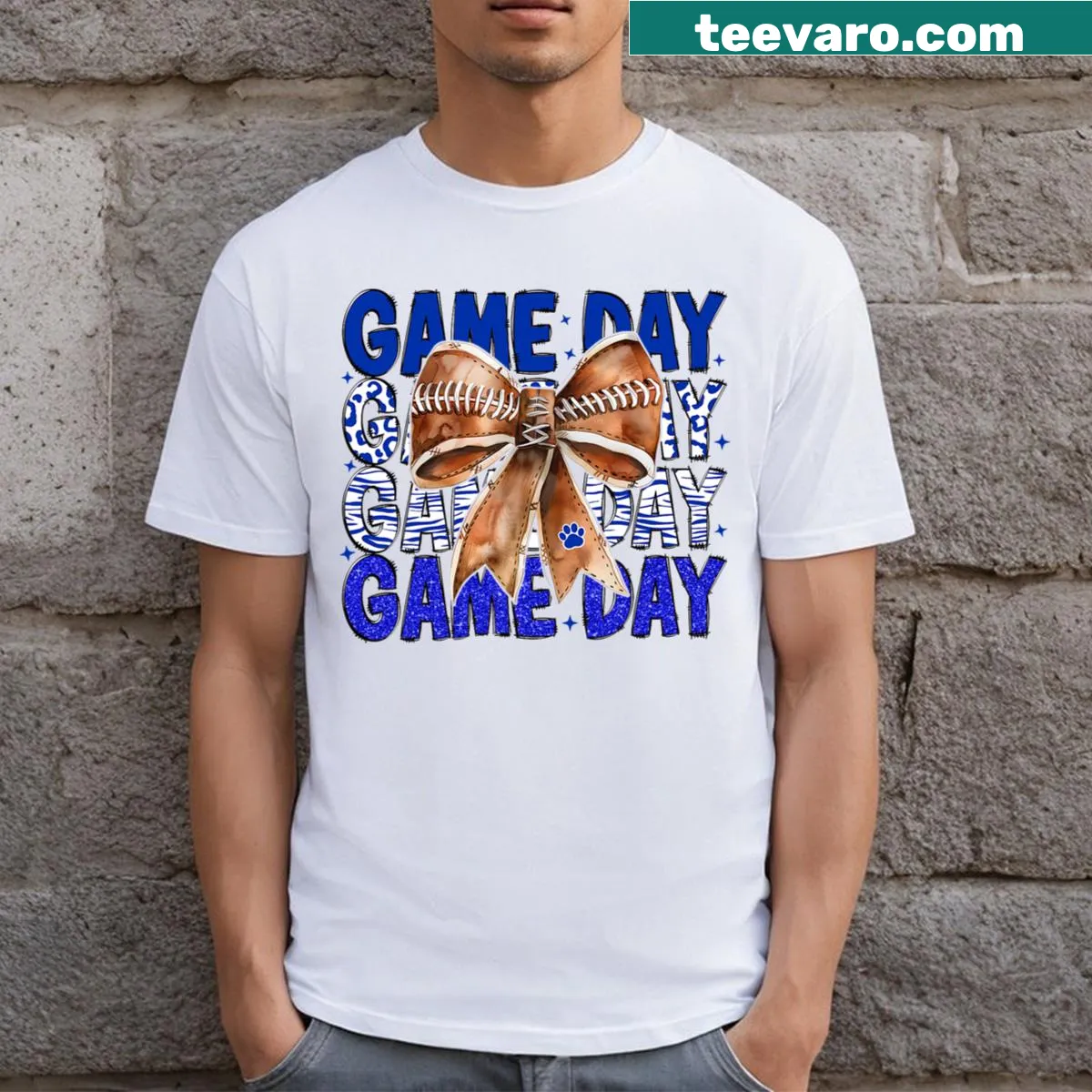 Blue Bulldogs Game Day Girls T-shirt with coquette bow design. — on a men's t-shirt