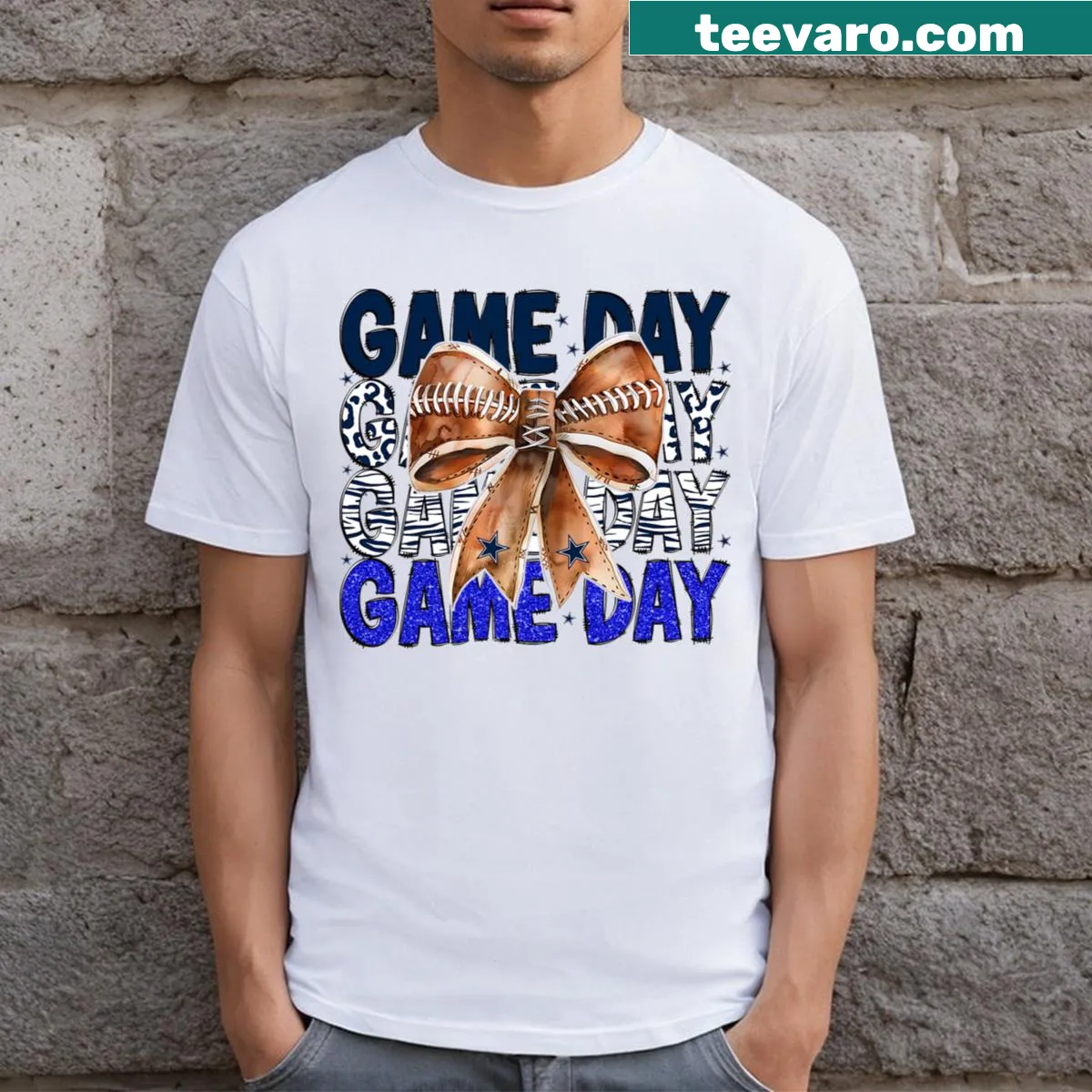 T-shirt featuring a playful football bow graphic for girls. — on a men's t-shirt