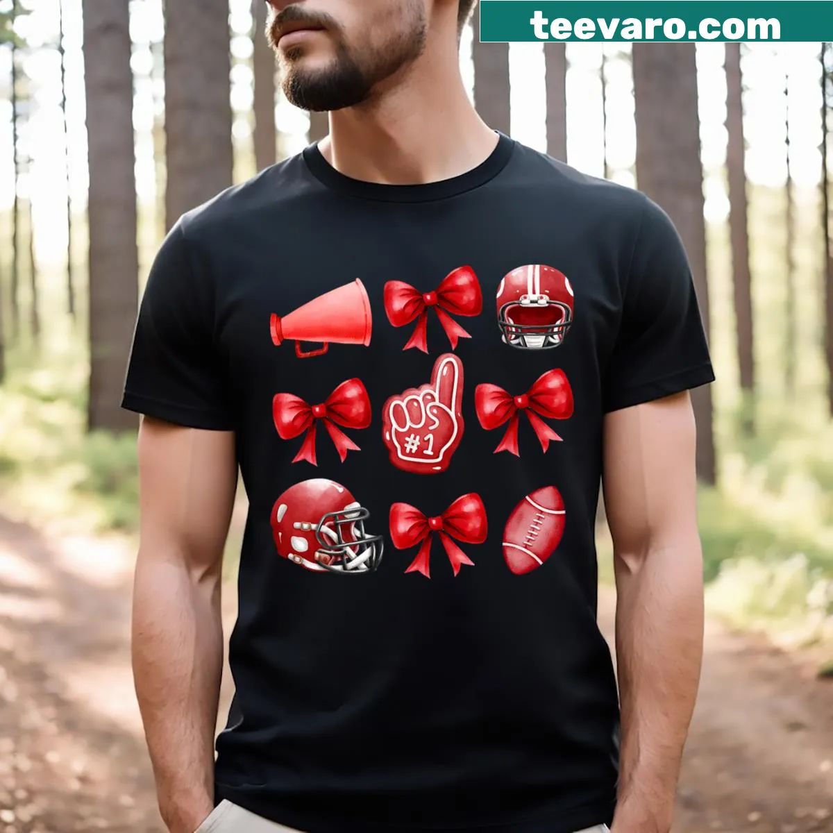 Football Mom Game Day T-shirt with coquette bow design. — on a men's t-shirt