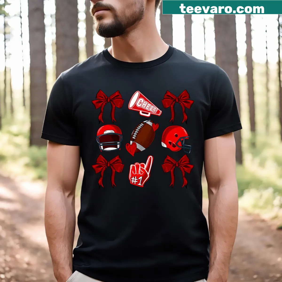 Game Day T-shirt with coquette bow design for men and kids. — on a men's t-shirt