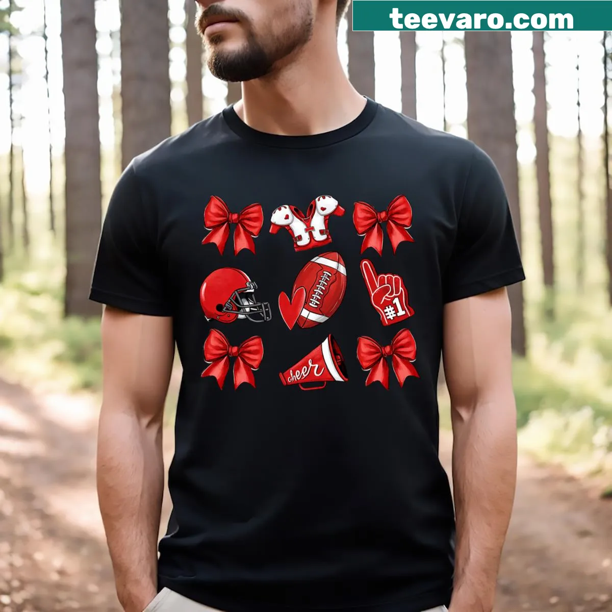 Illustrated Football Mom t-shirt with coquette bow design — on a men's t-shirt