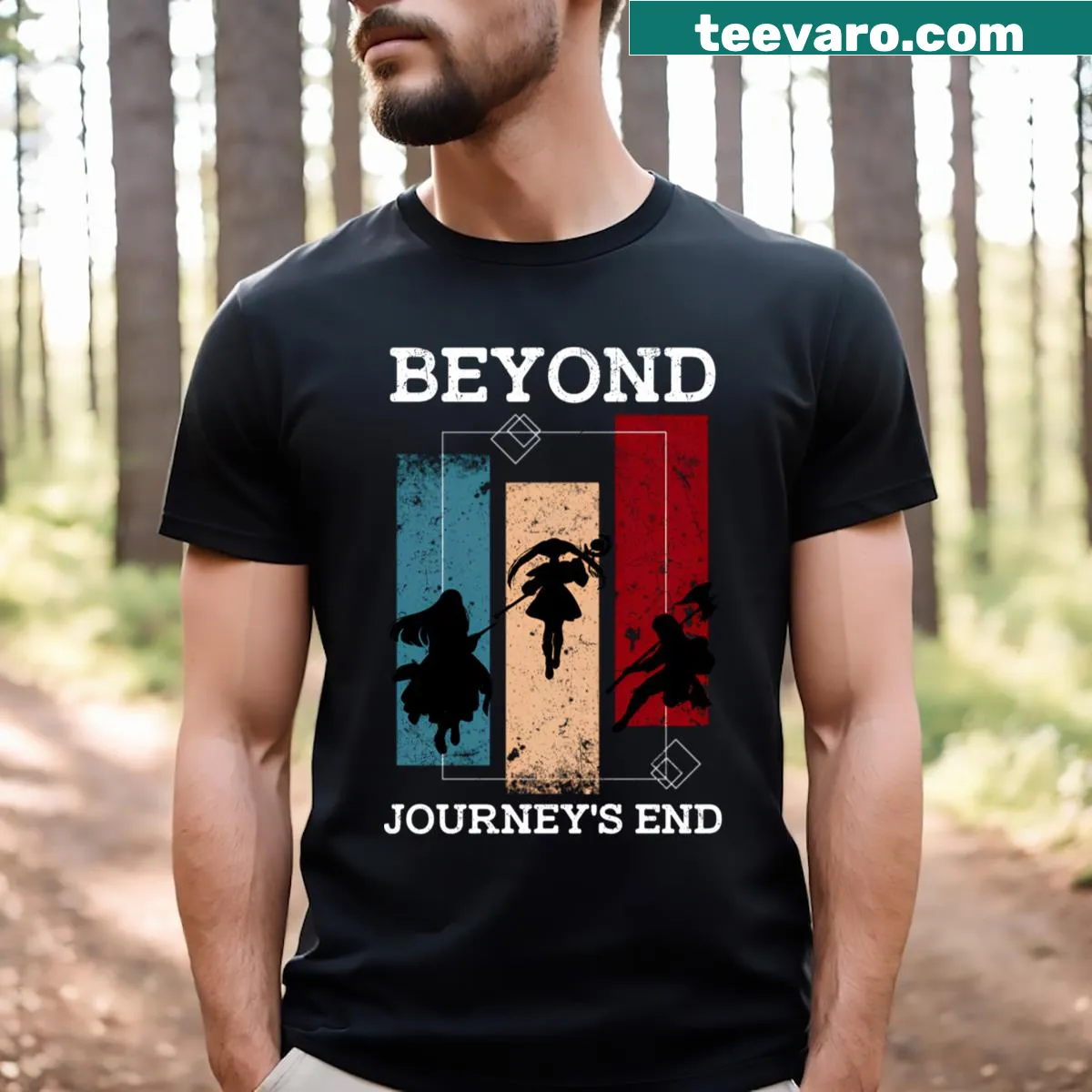 Artistic graphic of Frieren, Fern, and Stark from Sousou No Frieren — on a men's t-shirt