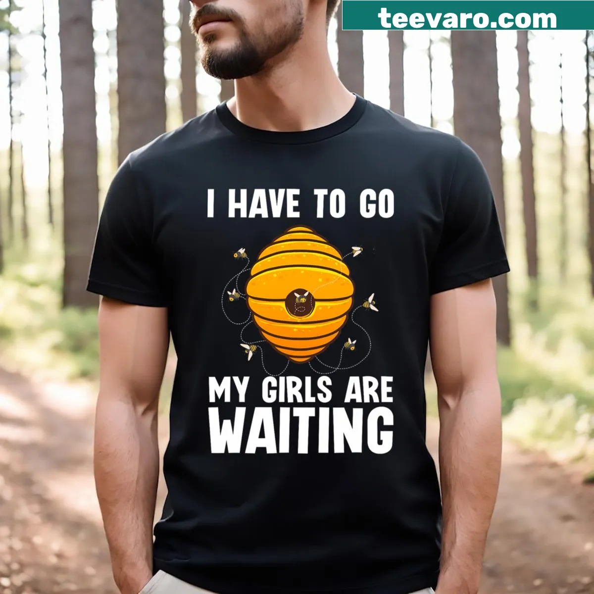 Whimsical illustration of bees around honeycomb on a beekeeper t-shirt — on a men's t-shirt