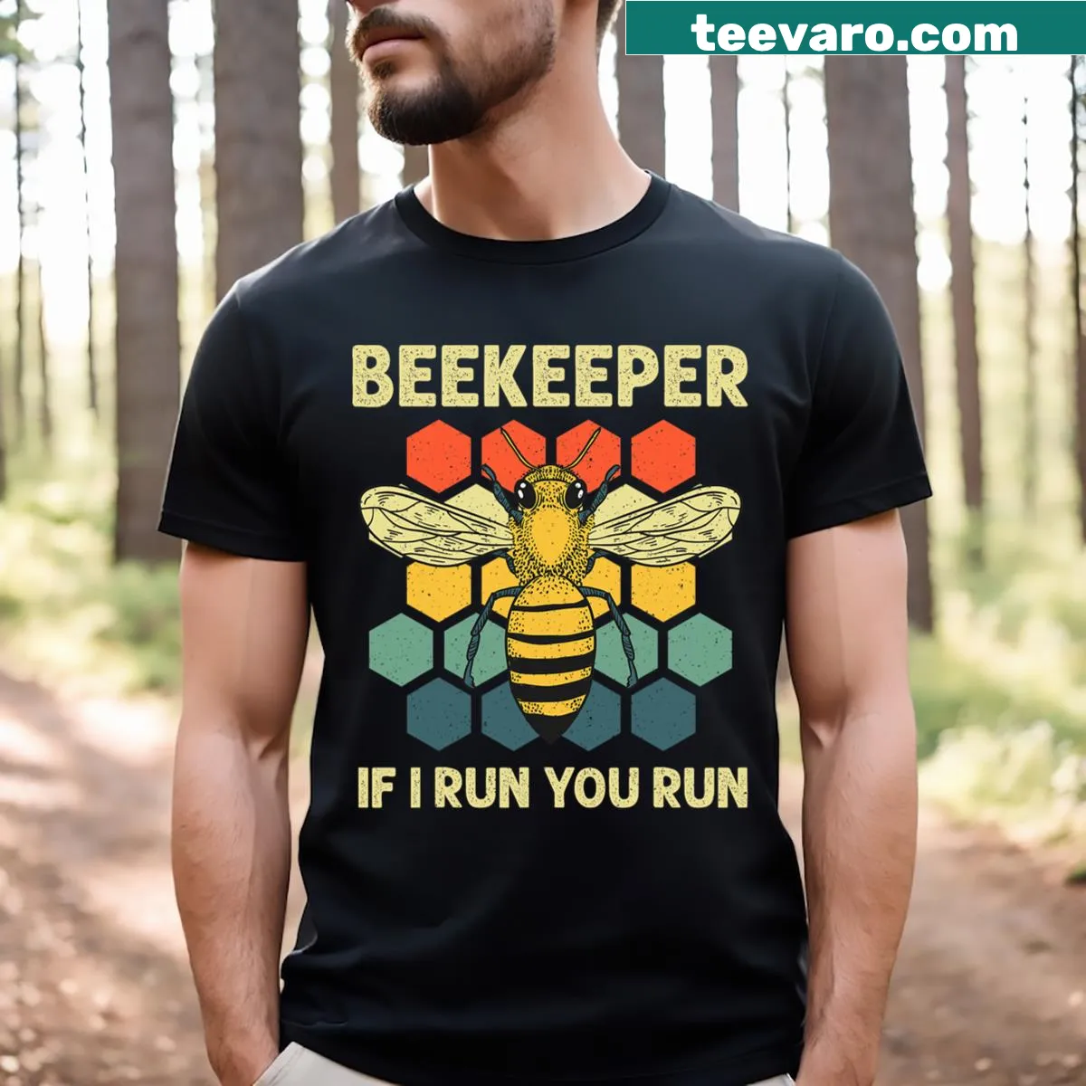 Humorous beekeeper t-shirt featuring bees and honeycomb illustration — on a men's t-shirt