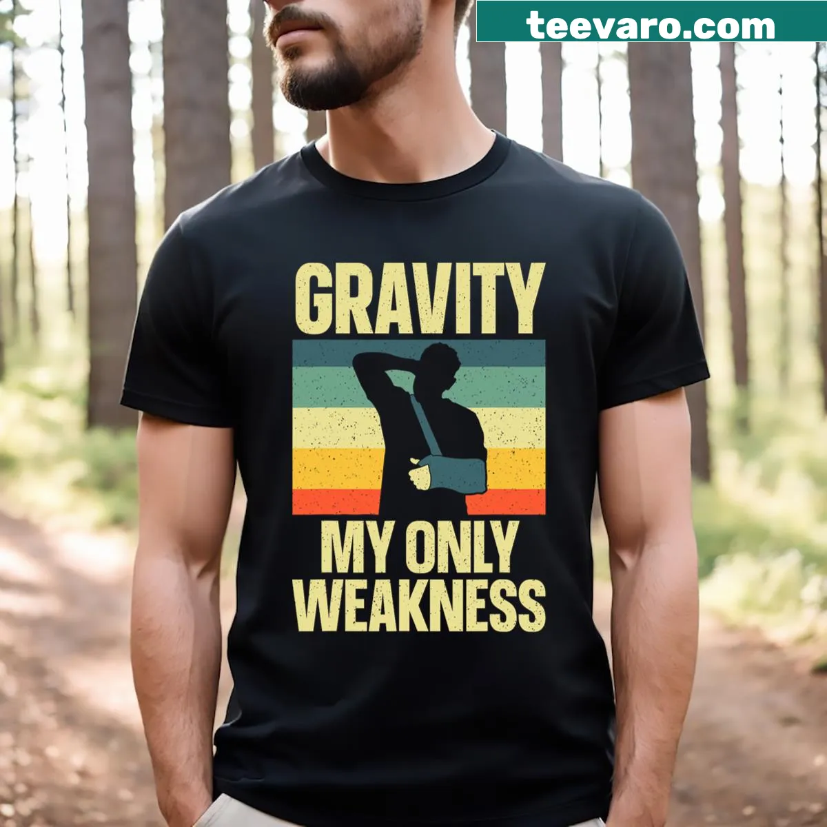 Humorous graphic of a broken arm on a t-shirt for injury humor — on a men's t-shirt