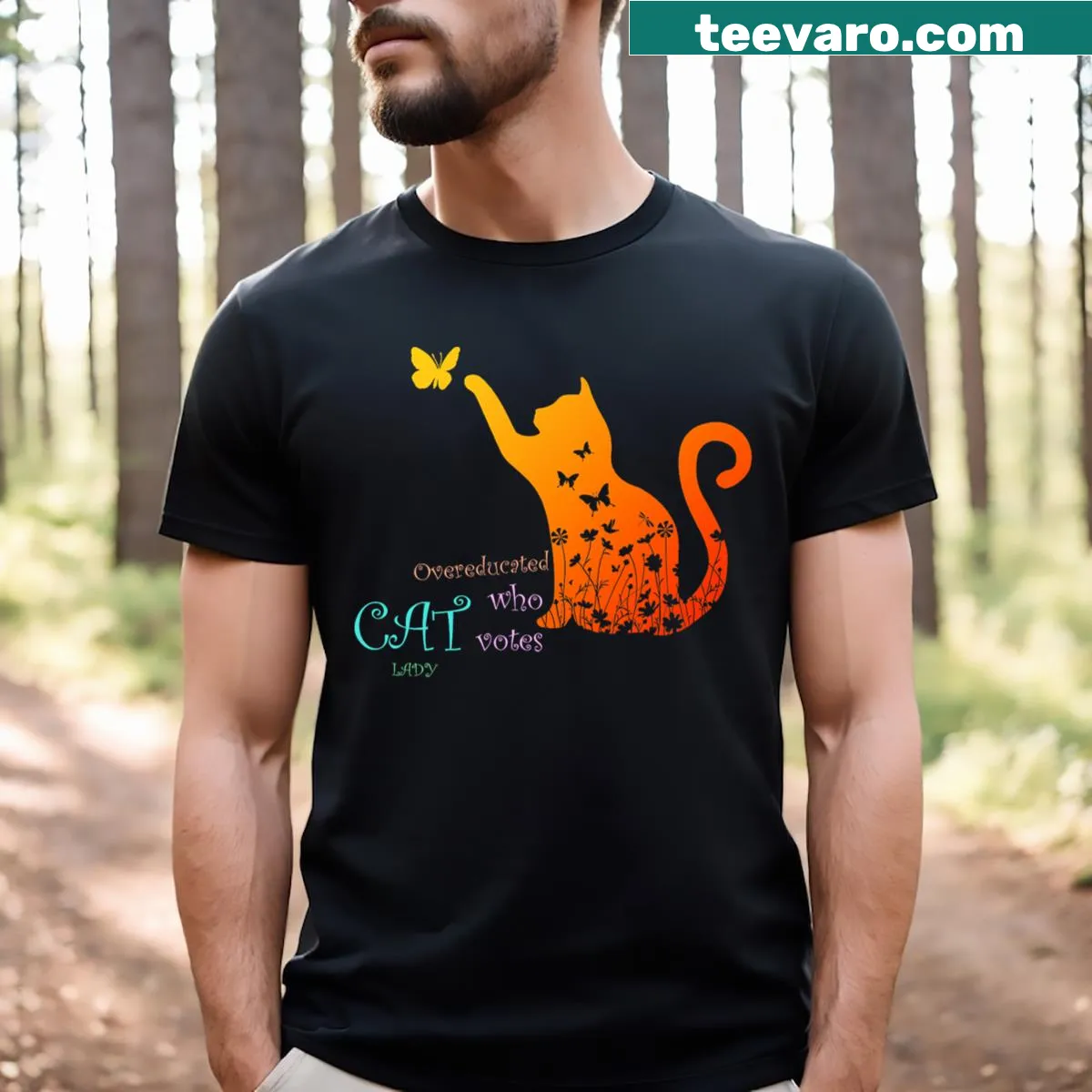 Comical graphic of an overeducated cat lady on a t-shirt — on a men's t-shirt